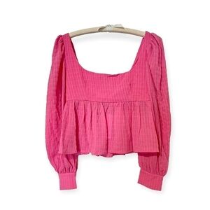 [NWT] WAYF Pink Long Sleeve Peplum Square Neck Babydoll Bohemian Blouse - Sz S